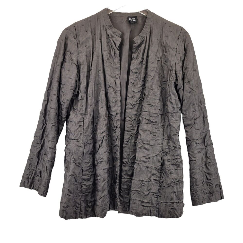 Eileen Fisher Womens Silk Open Jacket‎ Brown Size XS Textured Embroidered Lined